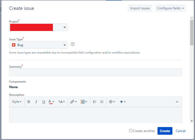 JIRA Create Issue bug report form