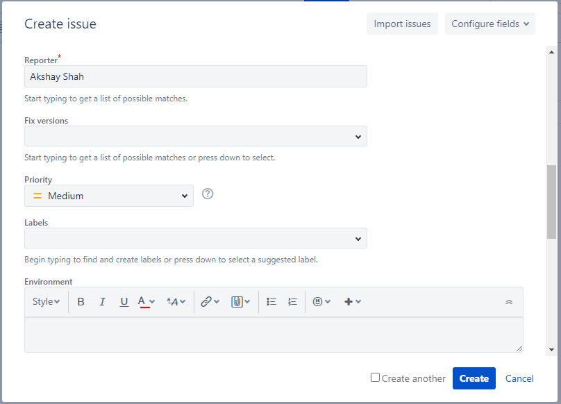 JIRA issue creation fields and priority settings