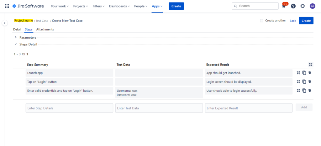 Jira Test Case Steps and Expected Results