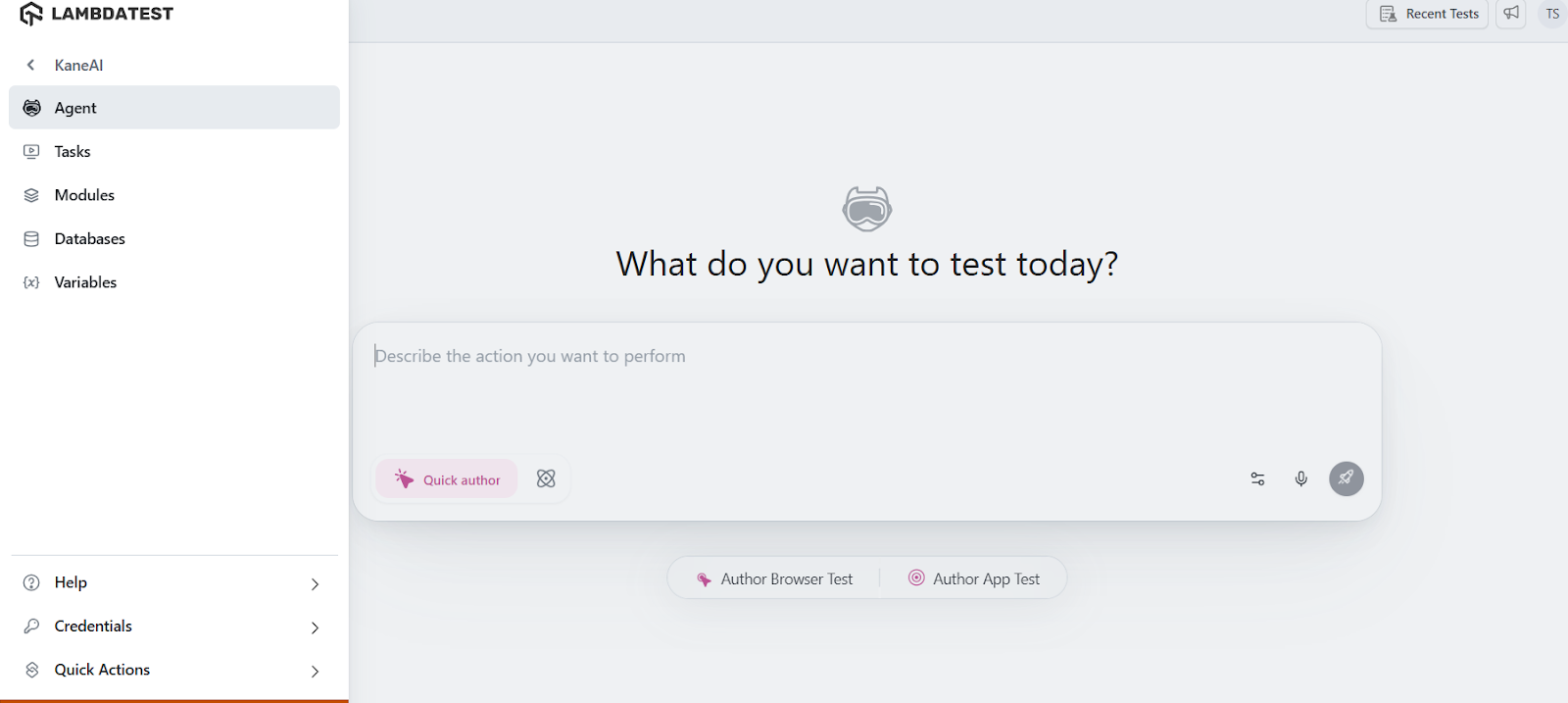 KaneAI agent dashboard for AI-powered test automation