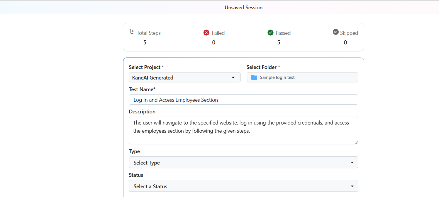 KaneAI test results and save test case