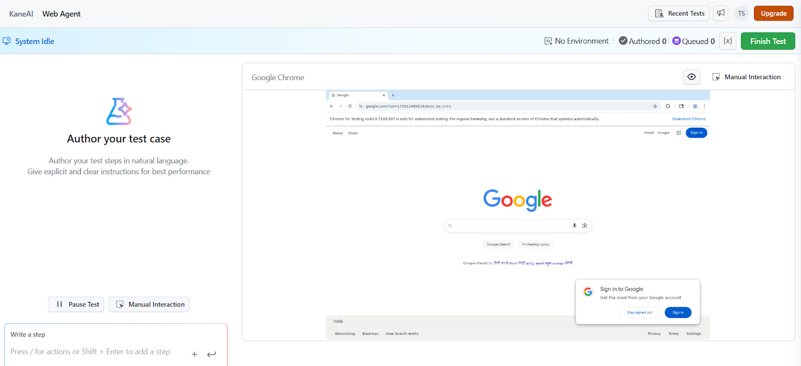 KaneAI web agent authoring a browser test case