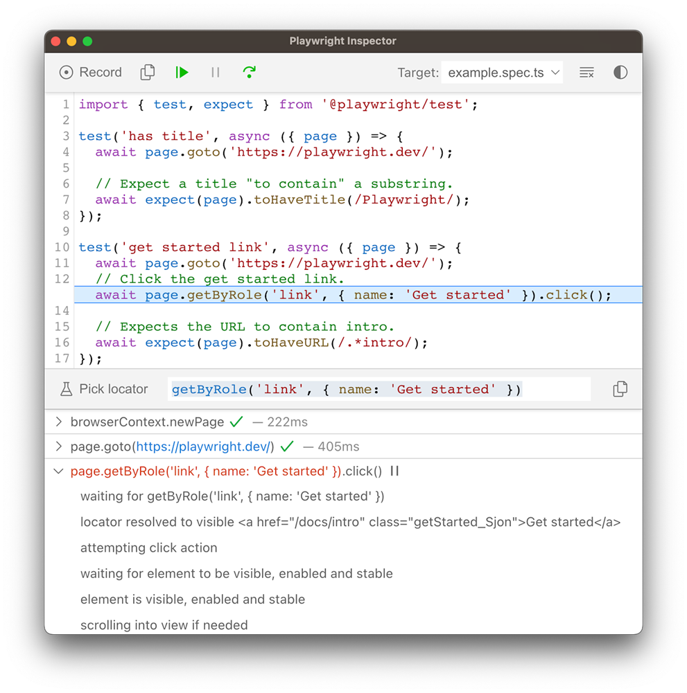 Playwright Inspector interface