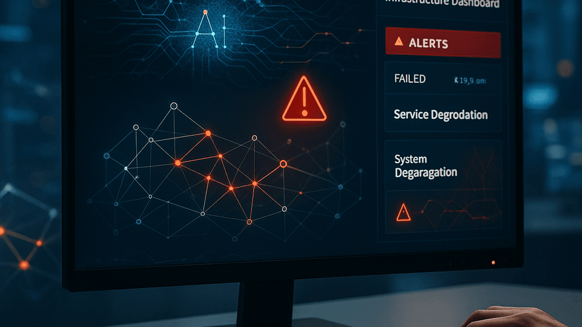 Outage alert dashboard illustration accompanying the Amazon AI-deployment report